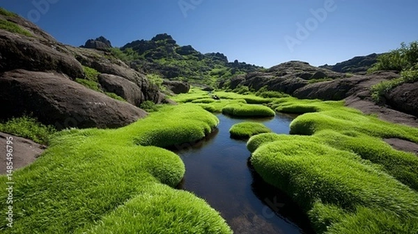 Fototapeta tundra landscape with streams slicing through rocky terrain