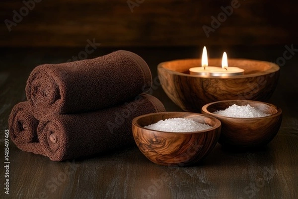 Fototapeta Spa setting with towels, candles, and salt