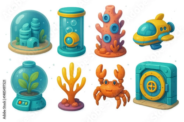 Fototapeta Underwater adventure icon set - filled, marine life and ocean exploration symbols