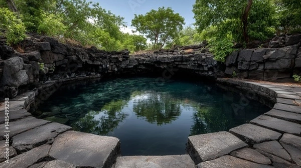 Fototapeta volcanic terrain enclosing a quiet clear lagoon