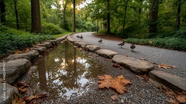 Fototapeta autumn leaves floating in calm water along forest path
