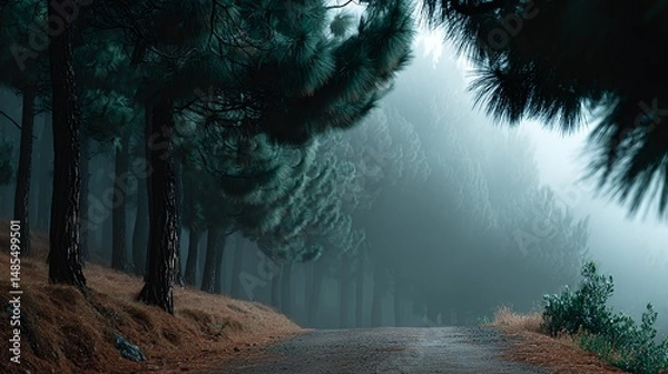 Fototapeta mist-covered woodland path fading into dense white air