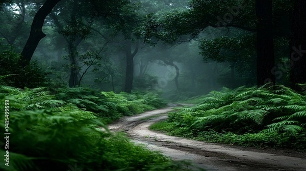 Fototapeta woodland path disappearing into dense white fog