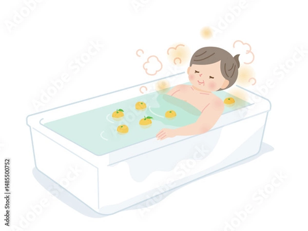 Obraz 柚子風呂に入ってのんびりする中年女性