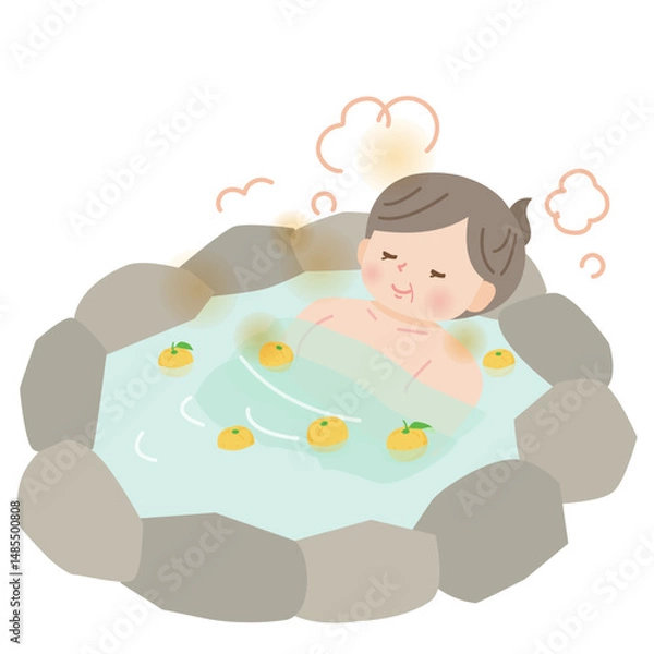 Obraz 柚子風呂の温泉に入ってのんびりする中年女性