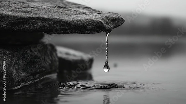 Fototapeta ice drop about to fall into serene frozen cave water