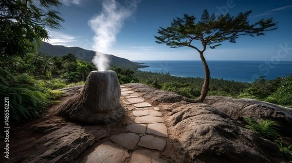 Fototapeta high ridge volcanic fumarole with surrounding rugged terrain