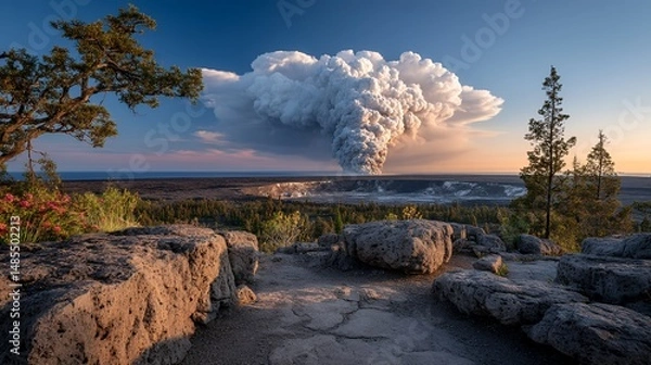 Fototapeta fumarole venting steam into sky from mountain ridge
