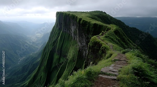 Fototapeta volcanic island with dense foliage and smoky peak