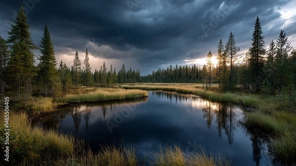 Fototapeta calm water reflecting storm clouds in forest
