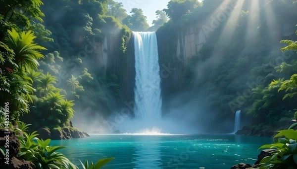 Obraz Majestic tropical waterfall plunging from a high cliff into a turquoise pool, surrounded by lush green forest. Mist and sunlight create a magical, pristine nature scene.