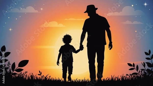 Obraz A Father's Day greeting card illustration with a silhouetted father and child walking together at sunset, father and son at sunset