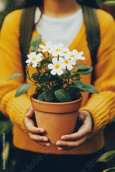 Fototapeta Person holding potted flowering plant in hands, gardening enthusiast in cozy environment, nature lover nurturing home decor with vibrant blooms.