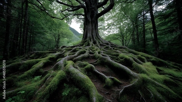 Fototapeta dim wet woodland floor tangled in roots