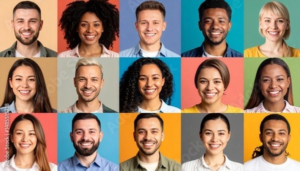 Fototapeta Diverse Group of Smiling People Portraits on Colorful Backgrounds