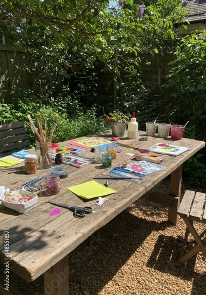 Obraz Colorful Craft Supplies on Rustic Wooden Table in Sunny Garden