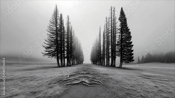 Fototapeta layer of thick fog enveloping forest background