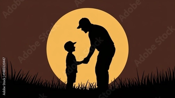 Obraz A silhouette illustration of a Father's Day greeting card design. The image features a large yellow full moon in the background against a dark brown sky