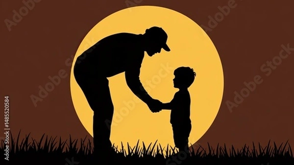 Obraz A silhouette illustration of a Father's Day greeting card design. The image features a large yellow full moon in the background against a dark brown sky
