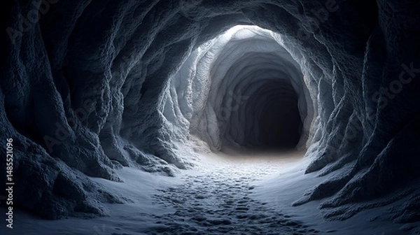 Fototapeta twisting tunnel in ice cave with layered frozen walls