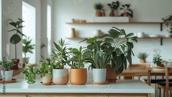 Fototapeta Assortment of various potted houseplants displayed on a kitchen countertop for modern decor.