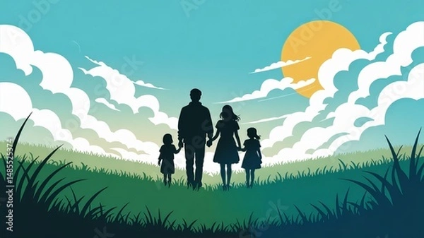 Obraz A digital illustration of a father and two child silhouette walking in a grassy field against a turquoise sky, father and daughtery on the meadow