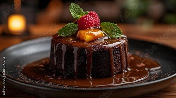 Fototapeta Warm Chocolate Lava Cake with Caramel Sauce