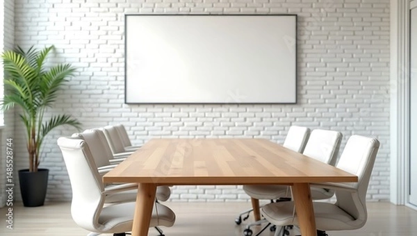 Fototapeta Modern meeting room interior with table chairs blank whiteboard and decorative green plant