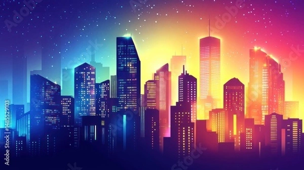 Obraz Vibrant city skyline with multicolored sky and twinkling stars vector