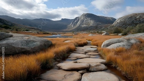 Fototapeta flattened tundra grass and stones shaped by persistent wind