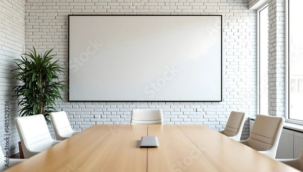Fototapeta Modern boardroom interior with blank whiteboard and minimalist design perfect for presentations