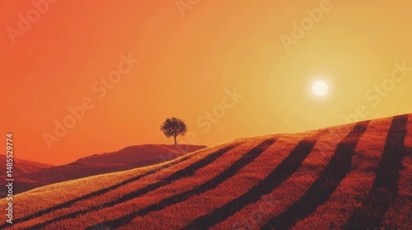 Obraz Warm sunset landscape with a solitary tree on golden hillside at dusk