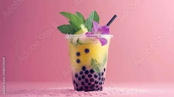 Obraz Elegant boba beverage with floral garnish presented against a soft pink backdrop