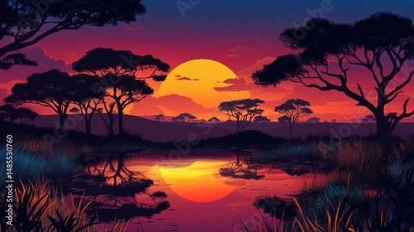 Obraz Painted serenity: An African landscape reflecting a vivid sunset on the water