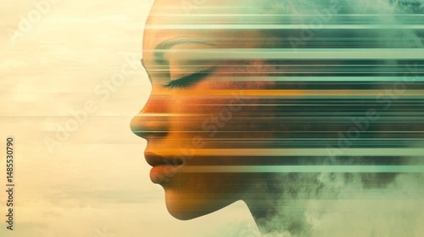 Obraz Dreamy visage of a woman with horizontal lines, symbolizing introspection