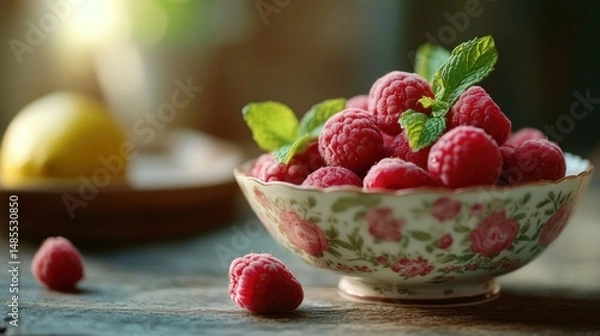 Obraz Still life shot featuring a bowl of raspberries with mint and a lemon backdrop