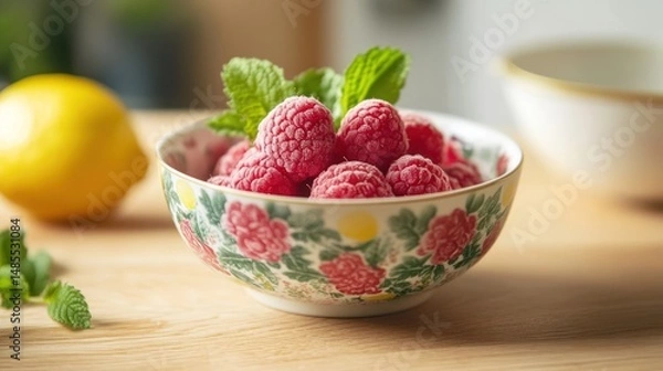 Obraz Elegant bowl brimming with vibrant raspberries and fresh mint for a delightful treat