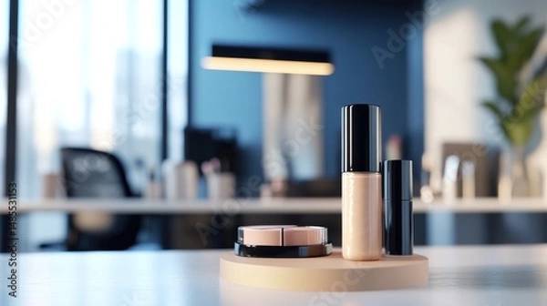 Obraz Elegant cosmetic arrangement on a pedestal against blurred room background