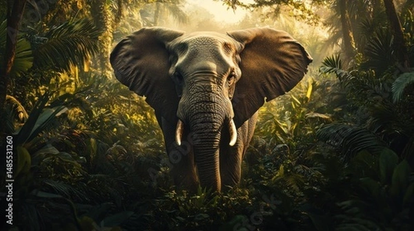 Obraz Enigmatic elephant emerges majestically from dense tropical foliage