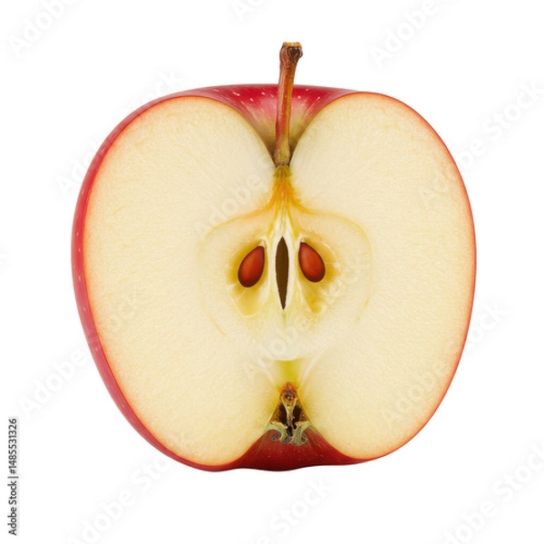 Fototapeta Cross-section of a fresh red apple showcasing its seeds and juicy interior on a white background