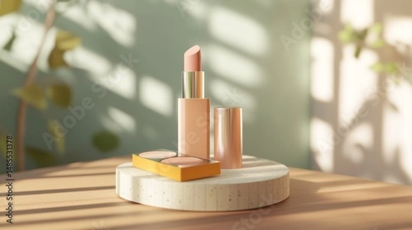 Obraz Elegant beauty still life showcasing peach lipstick and compact in soft light