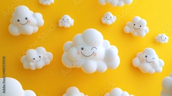 Obraz Whimsical floating clouds with adorable facial expressions against a sunny backdrop