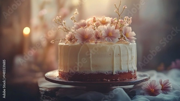 Obraz Elegant floral cake on a wooden stand capturing the essence of soft romance