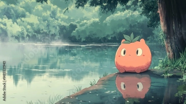 Obraz Whimsical creature by the tranquil riverside enjoying the misty landscape