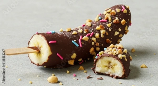 Fototapeta Chocolate-Covered Banana Popsicle with Nuts and Sprinkles