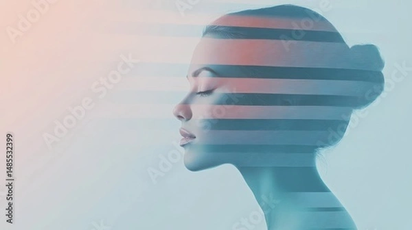 Obraz Abstract portrait of a serene woman with layered horizontal patterns design