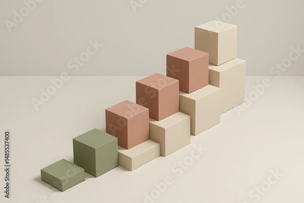 Obraz Minimalist Geometric Steps: Pastel Cubes in Ascending Formation - Growth & Progress Concept on Gray Background