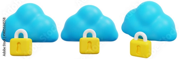 Fototapeta Set of Blue Clouds with Yellow Padlocks: Digital Security Concept 3d Render Icon Illustration