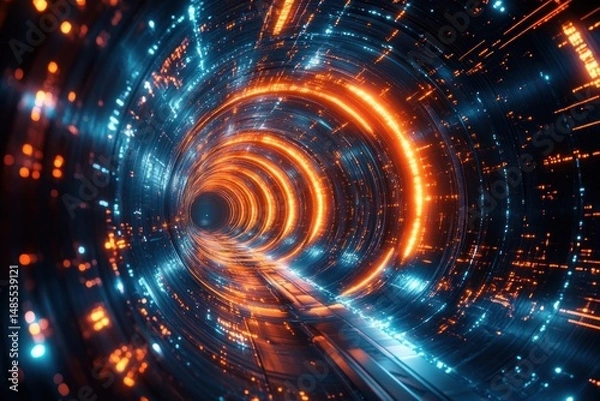 Obraz Futuristic glowing tunnel with swirling orange and blue lights creating a sense of depth and motion in a high-tech digital environment