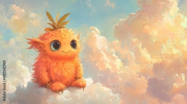 Obraz Whimsical cloud creature with golden fur, resting serenely in a pastel sky